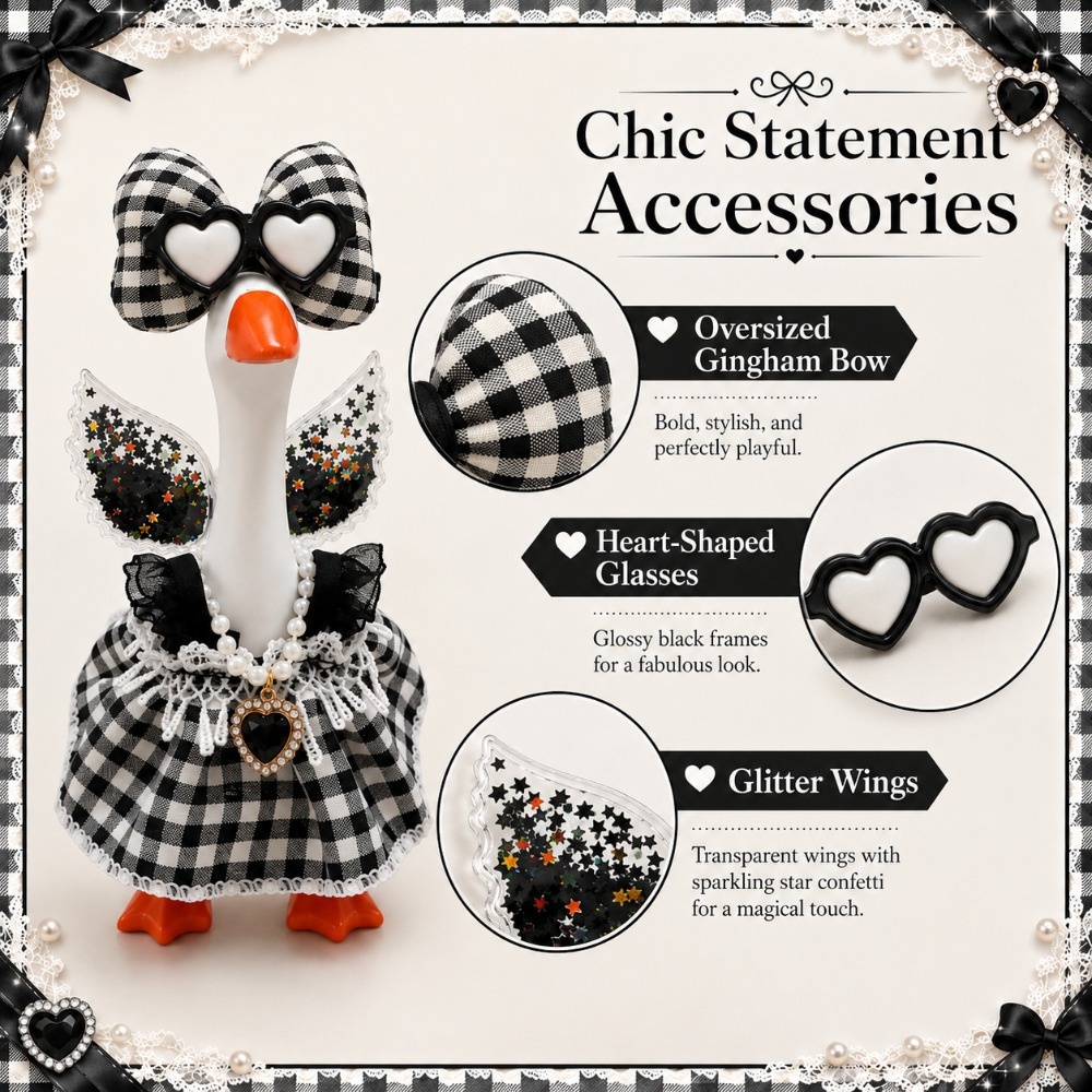 7 Inch Porch Goose Outfit, Black White Checkered Dress with Heart Sunglasses, Hand Sewn Costume Set for Holiday Decor - Image 5