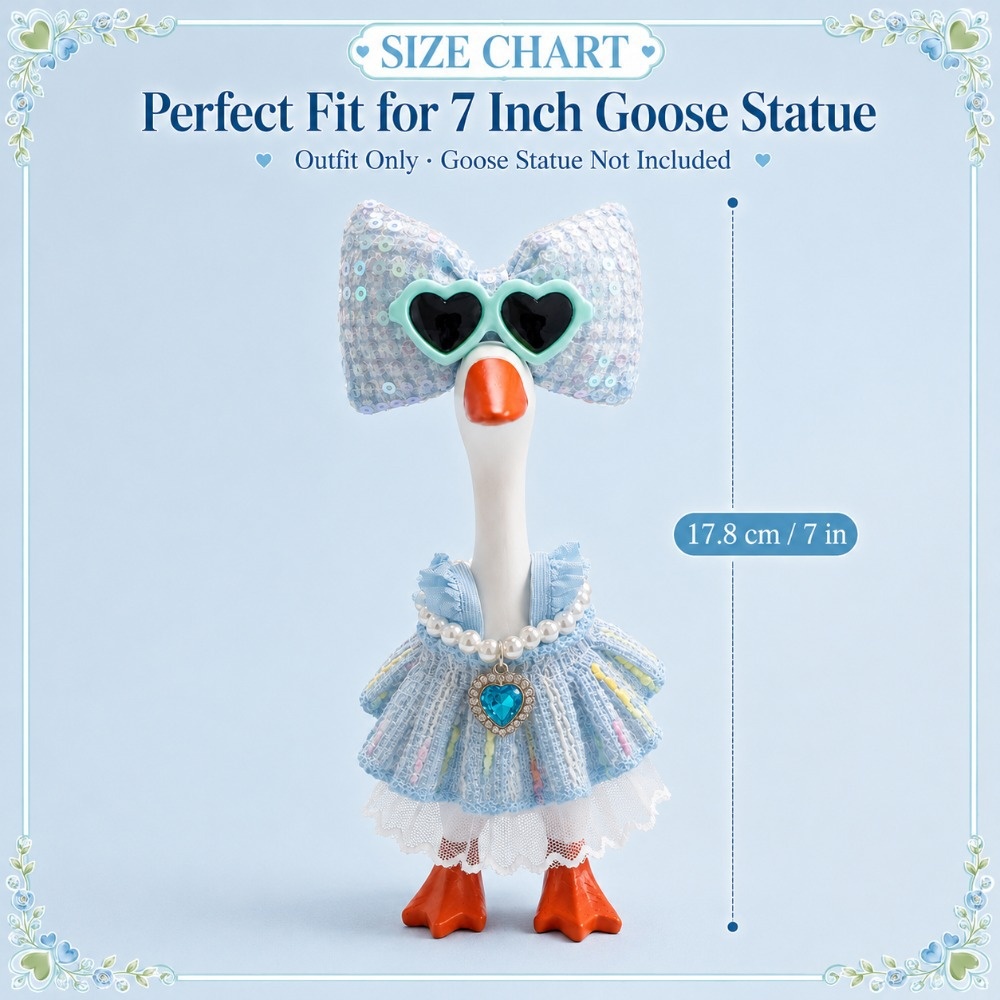 7 Inch Porch Goose Outfit, Blue Textured Dress with Heart Sunglasses, Hand Sewn Costume Set for Holiday Celebration - Image 5
