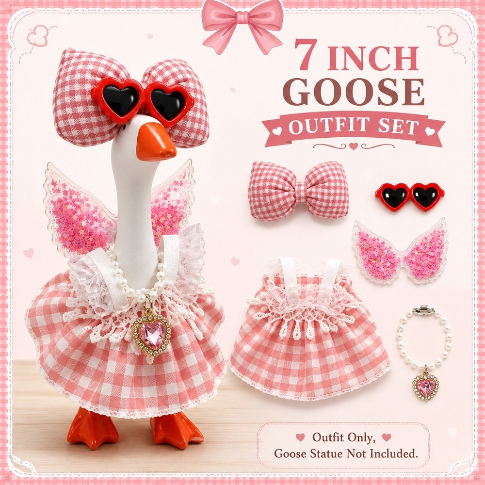 7 Inch Porch Goose Outfit, Pink Checkered Texture Dress with Heart Sunglasses, Exquisite Hand Sewn Costume Set - Image 5