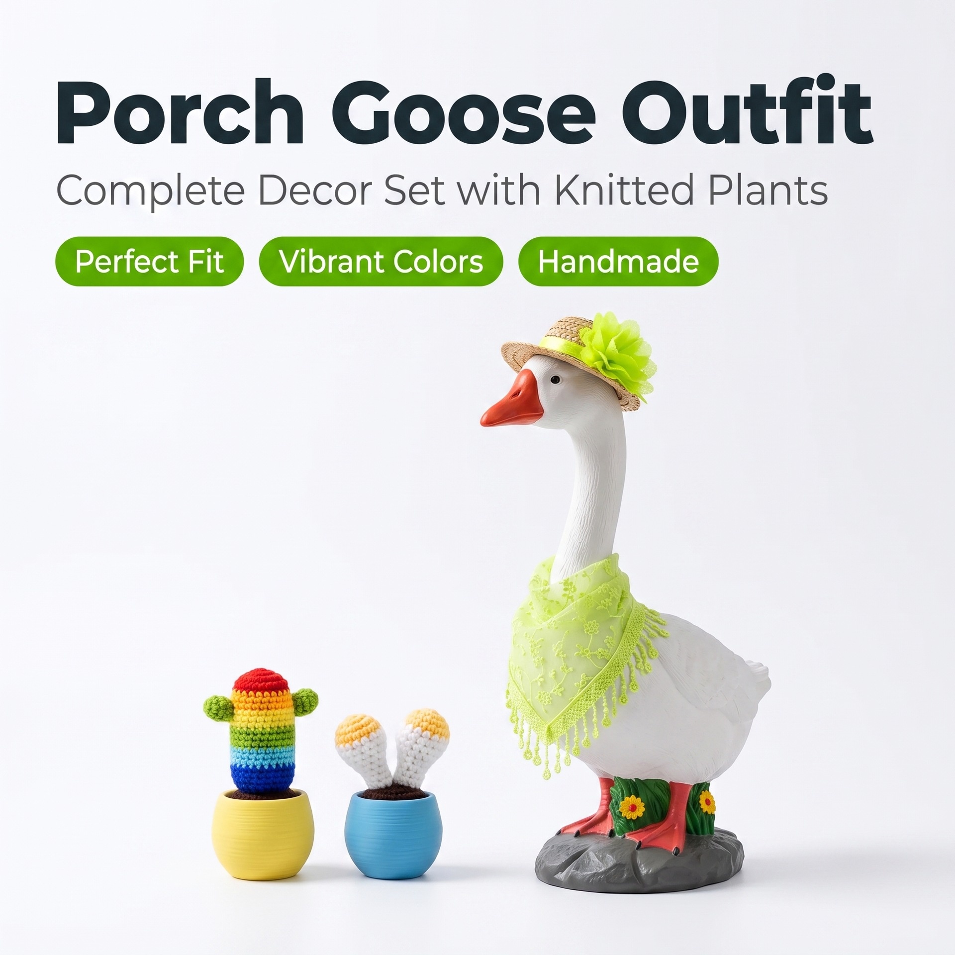 23 Inch Porch Goose Outfit, New Lawn Goose Garden Straw Hat Skirt Set with Scarf, Cactus & Mushroom Props - Image 5