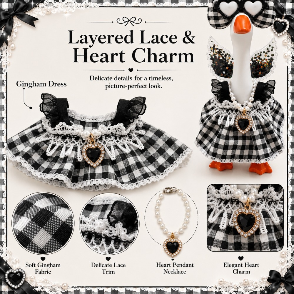 7 Inch Porch Goose Outfit, Black White Checkered Dress with Heart Sunglasses, Hand Sewn Costume Set for Holiday Decor - Image 4