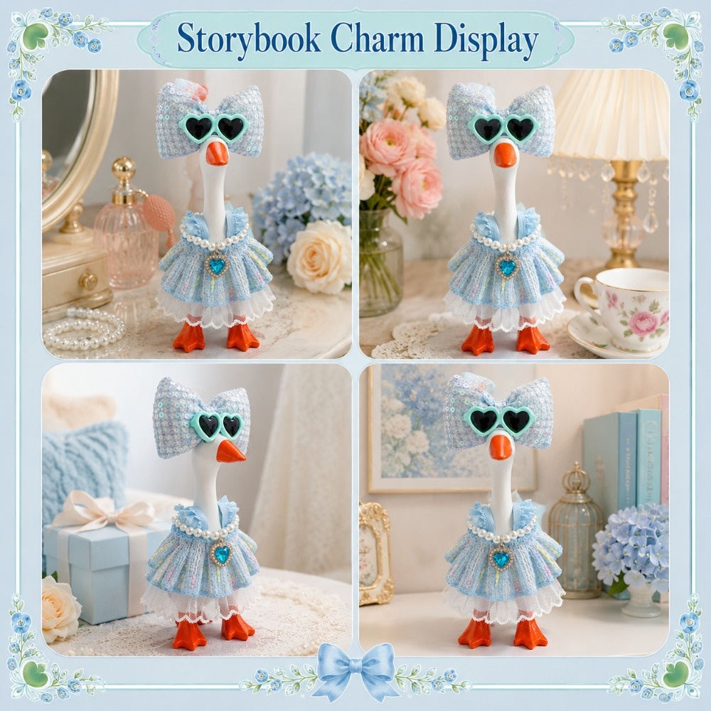 7 Inch Porch Goose Outfit, Blue Textured Dress with Heart Sunglasses, Hand Sewn Costume Set for Holiday Celebration - Image 4