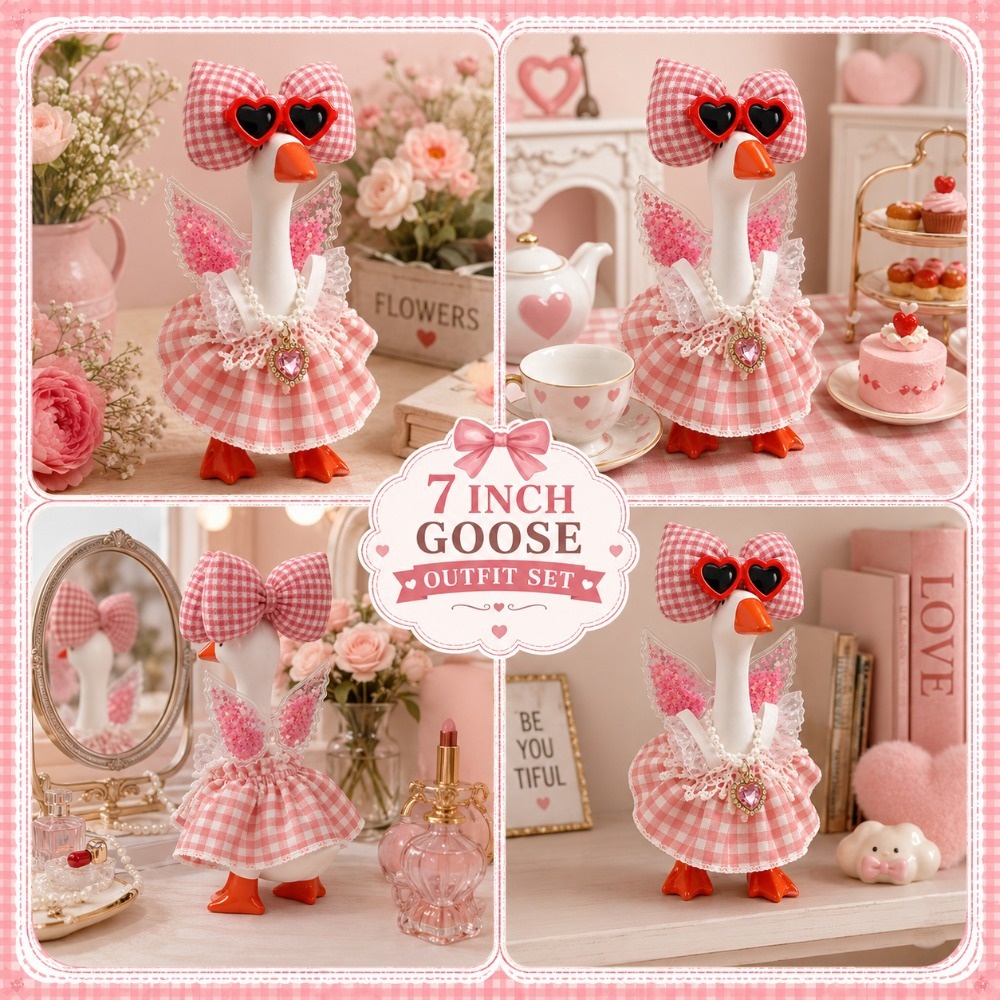 7 Inch Porch Goose Outfit, Pink Checkered Texture Dress with Heart Sunglasses, Exquisite Hand Sewn Costume Set - Image 4