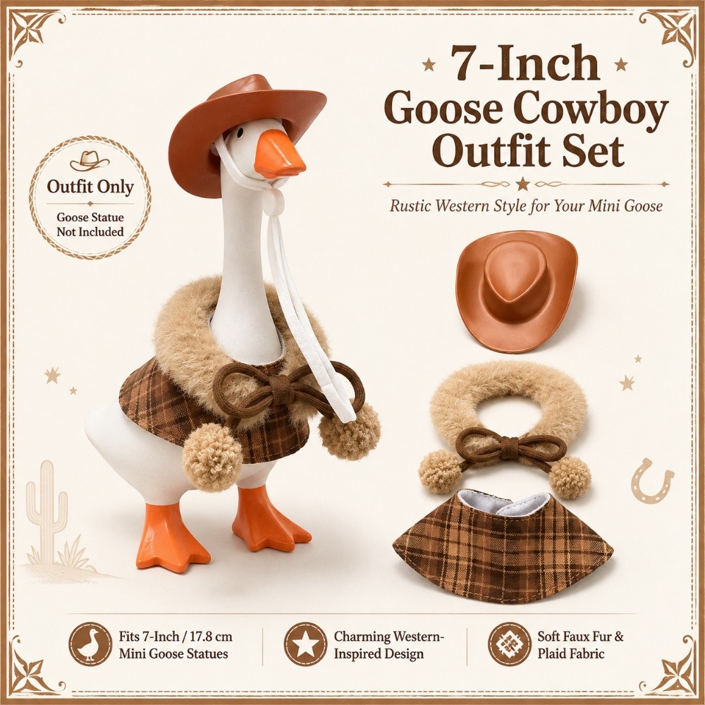 7 Inch Porch Goose Outfit, Brown Cowboy Hat & Winter Scarf Set, Office & Holiday Hand Knitted Costume - Image 4