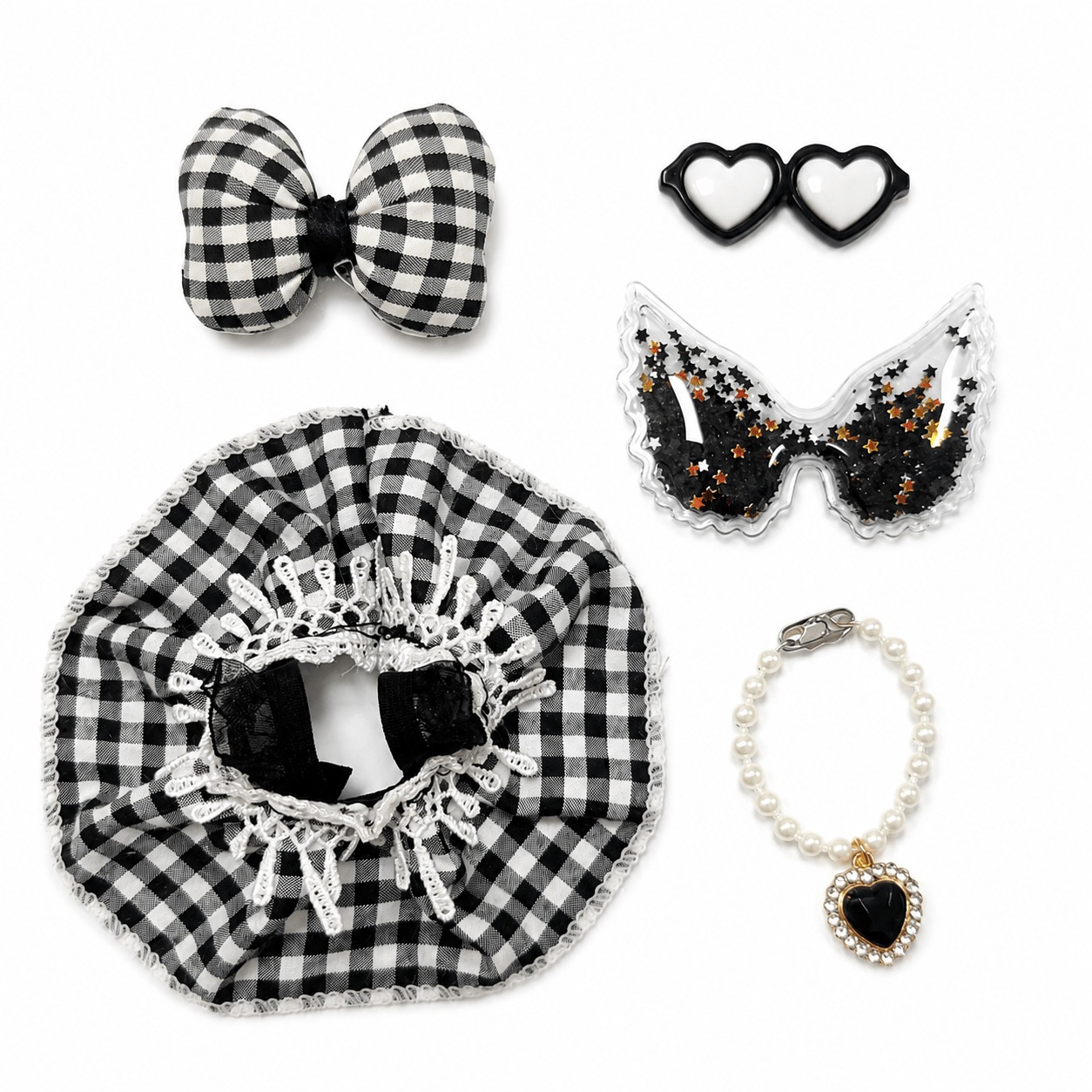 7 Inch Porch Goose Outfit, Black White Checkered Dress with Heart Sunglasses, Hand Sewn Costume Set for Holiday Decor - Image 3