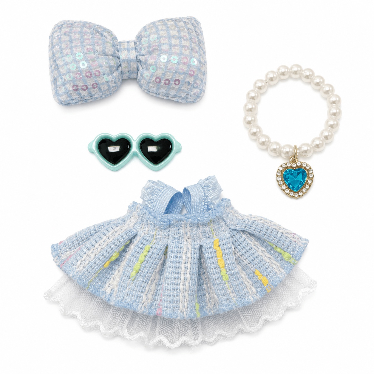 7 Inch Porch Goose Outfit, Blue Textured Dress with Heart Sunglasses, Hand Sewn Costume Set for Holiday Celebration - Image 3