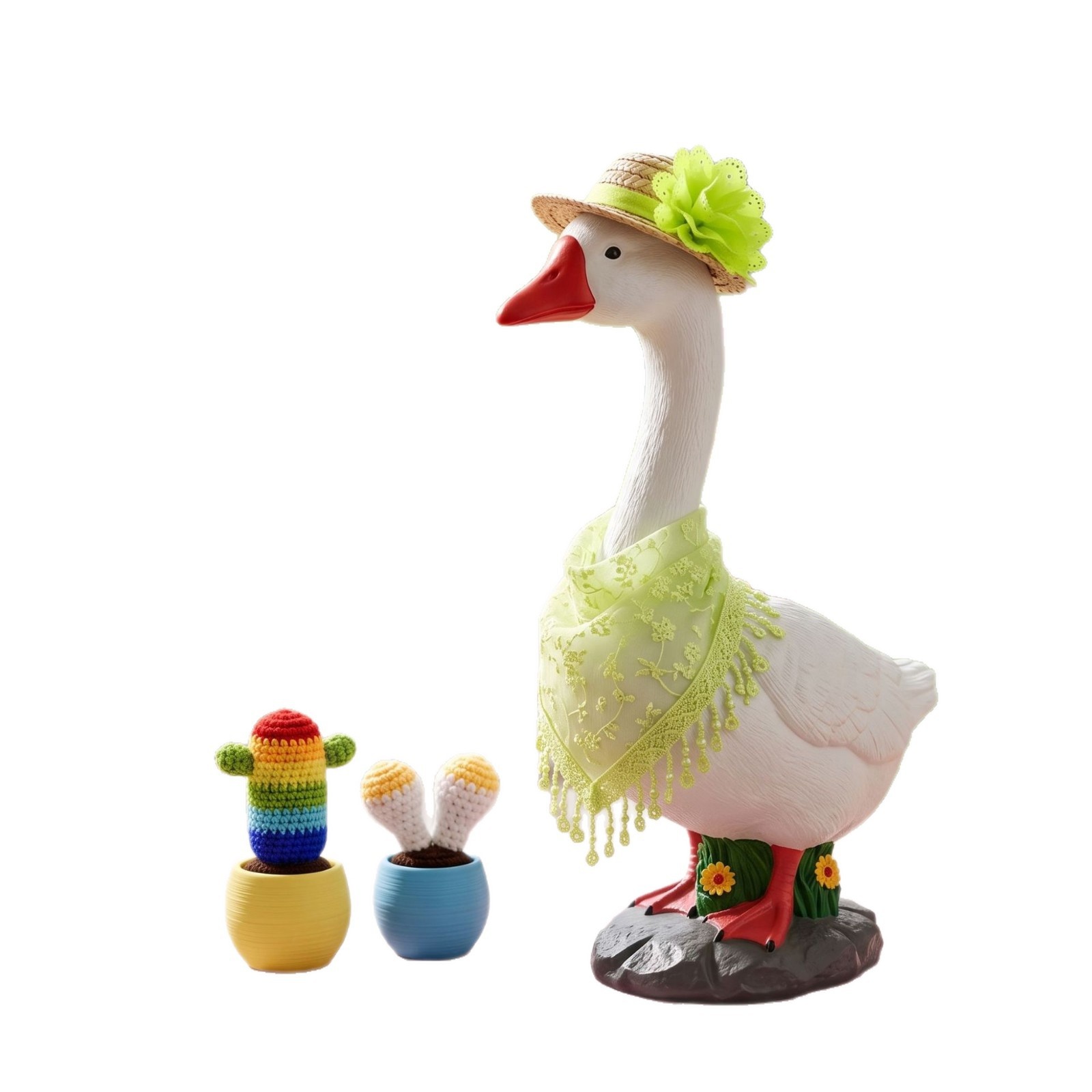 23 Inch Porch Goose Outfit, New Lawn Goose Garden Straw Hat Skirt Set with Scarf, Cactus & Mushroom Props - Image 3