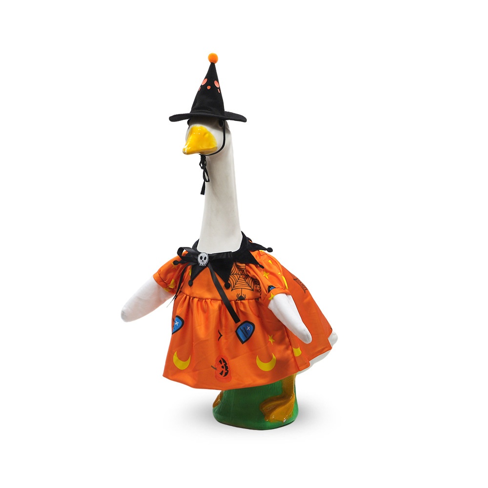 New Porch Goose Halloween Costume, Black Wizard Hat & Orange Outfit Set for Large White Goose Statue - Image 3