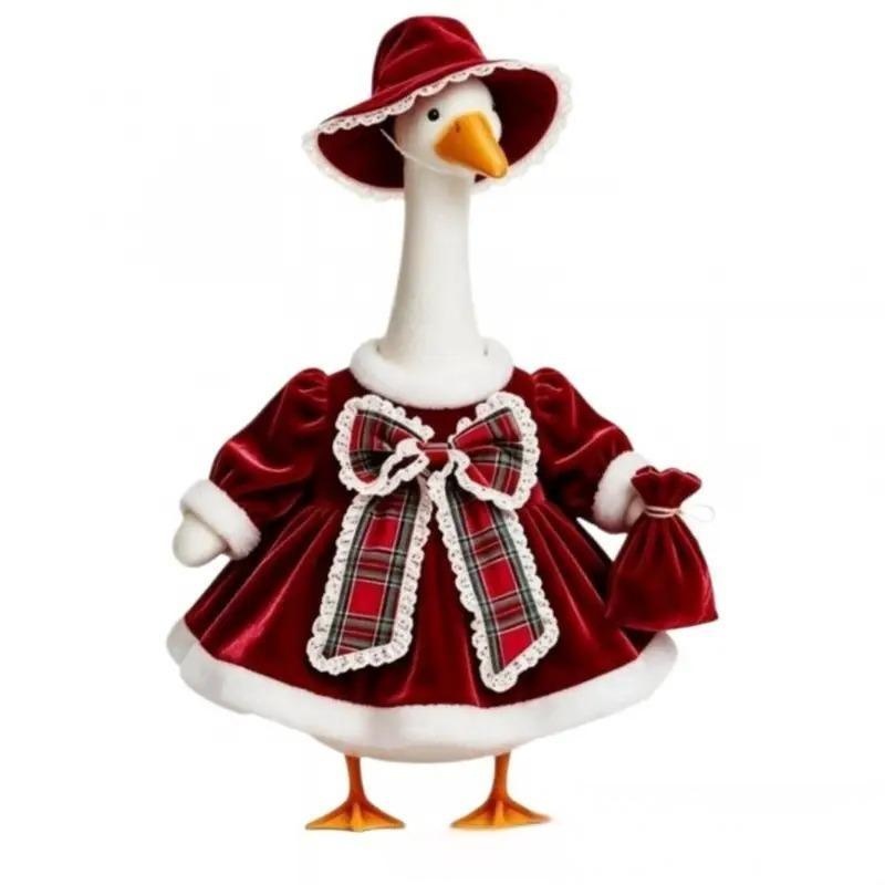 Christmas Porch Goose Costume, Red Velvet Lace Plaid Lawn Goose Outfit for Yard Holiday Decor - Image 3