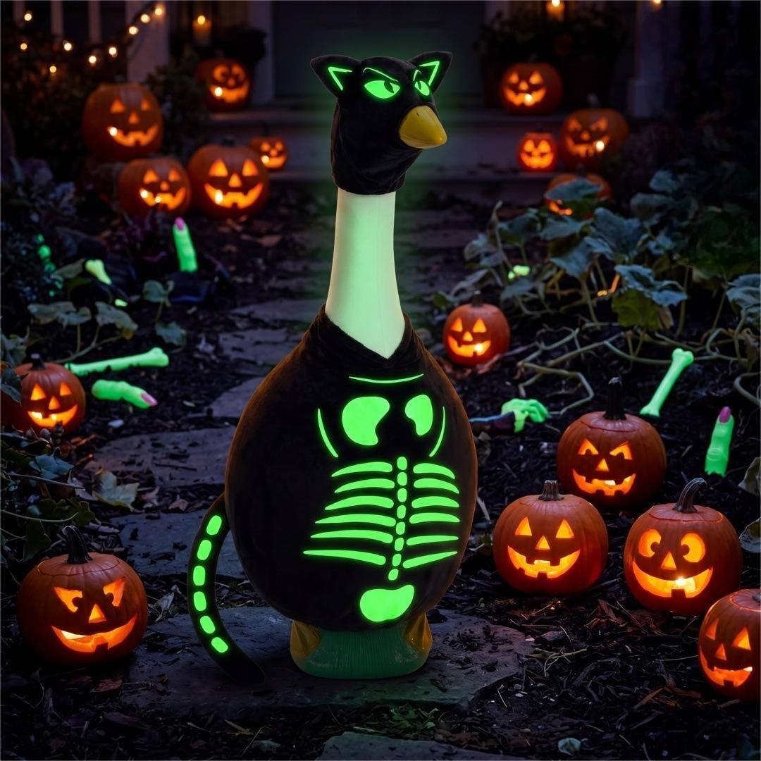 Halloween Black Cat Porch Goose Costume, Luminous 23 Inch Goose Statue Outfit for Garden Porch Decor