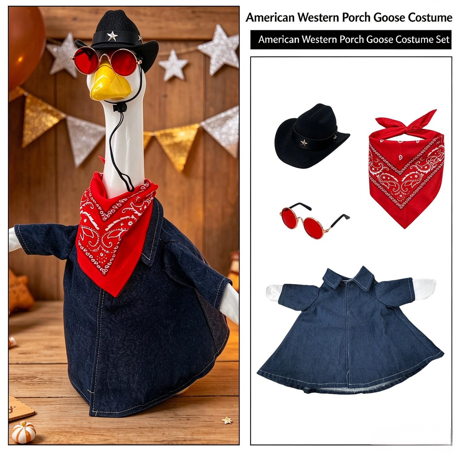 New American Denim Porch Goose Costume Set, 23 Inch Outdoor Yard Goose Statue Decor
