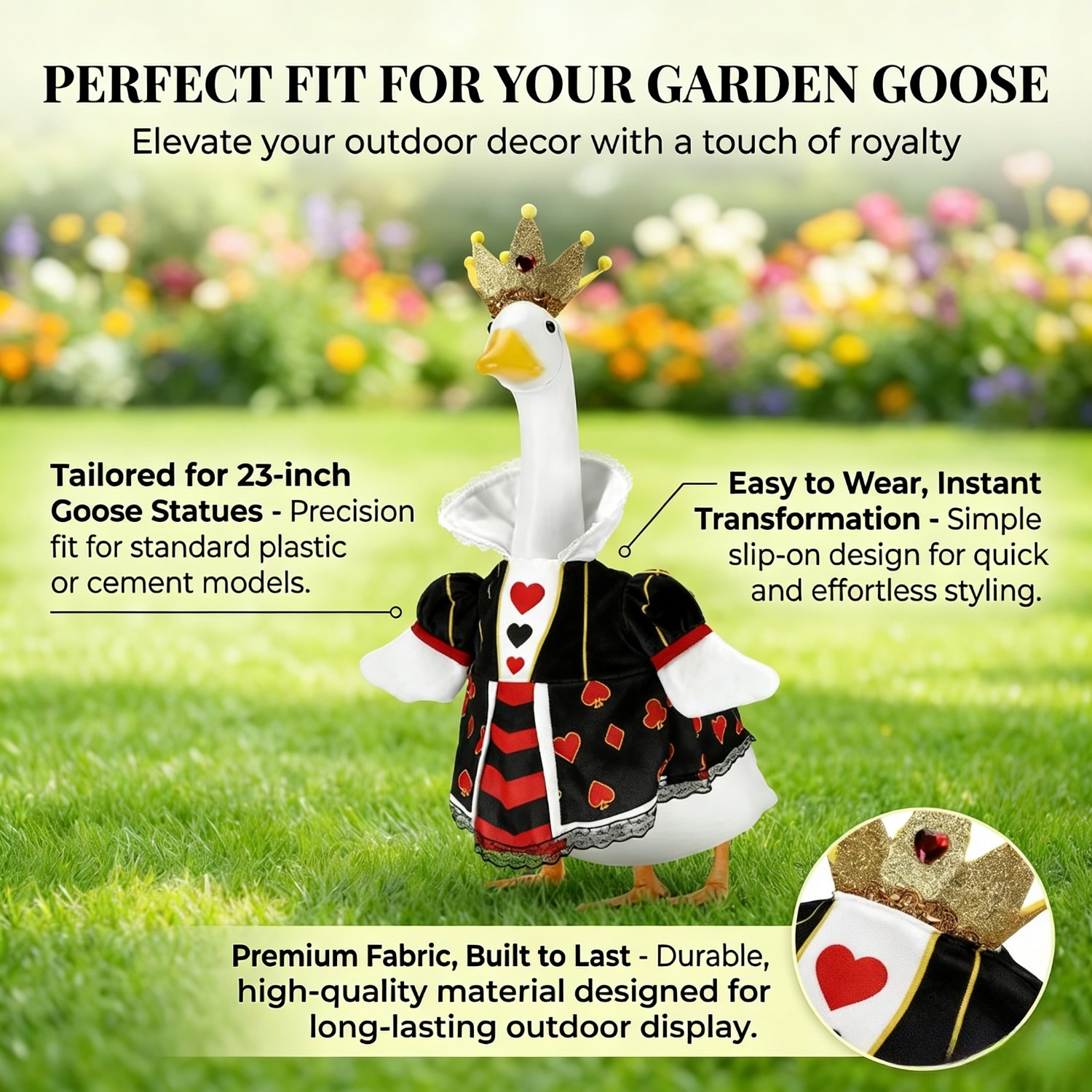 23 Inch Porch Goose Queen of Hearts Outfit, Playing Card Print Dress & Crown 2-Piece Garden Decor