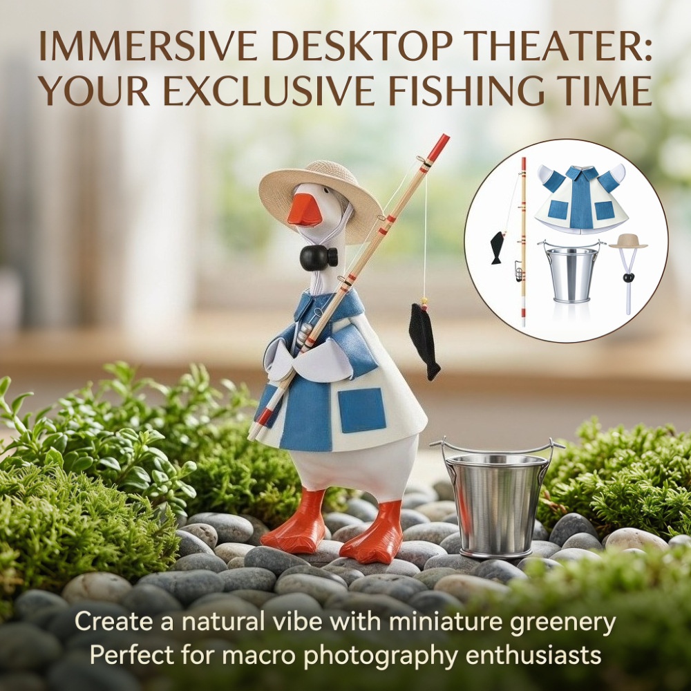 7 Inch Desktop Goose Fishing Outfit, Mini Fishing Set with Rod, Straw Hat & Bucket