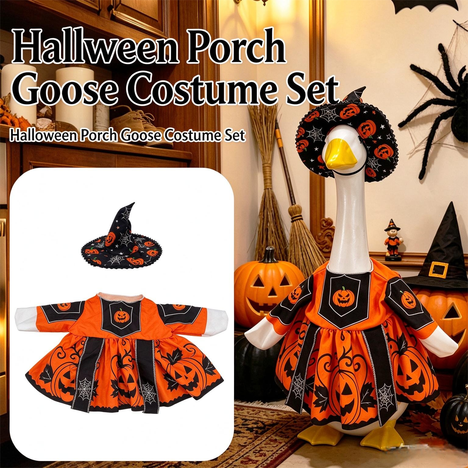 Halloween Pumpkin Witch Porch Goose Costume, 23 Inch Holiday Yard Decor Outfit