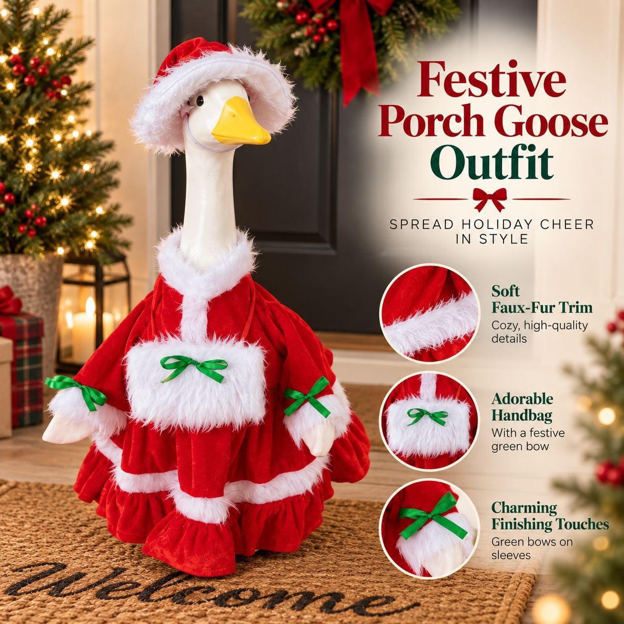 Christmas Mrs.Claus Porch Goose Outfit, Costume for 23 Inch Plastic Porch Goose