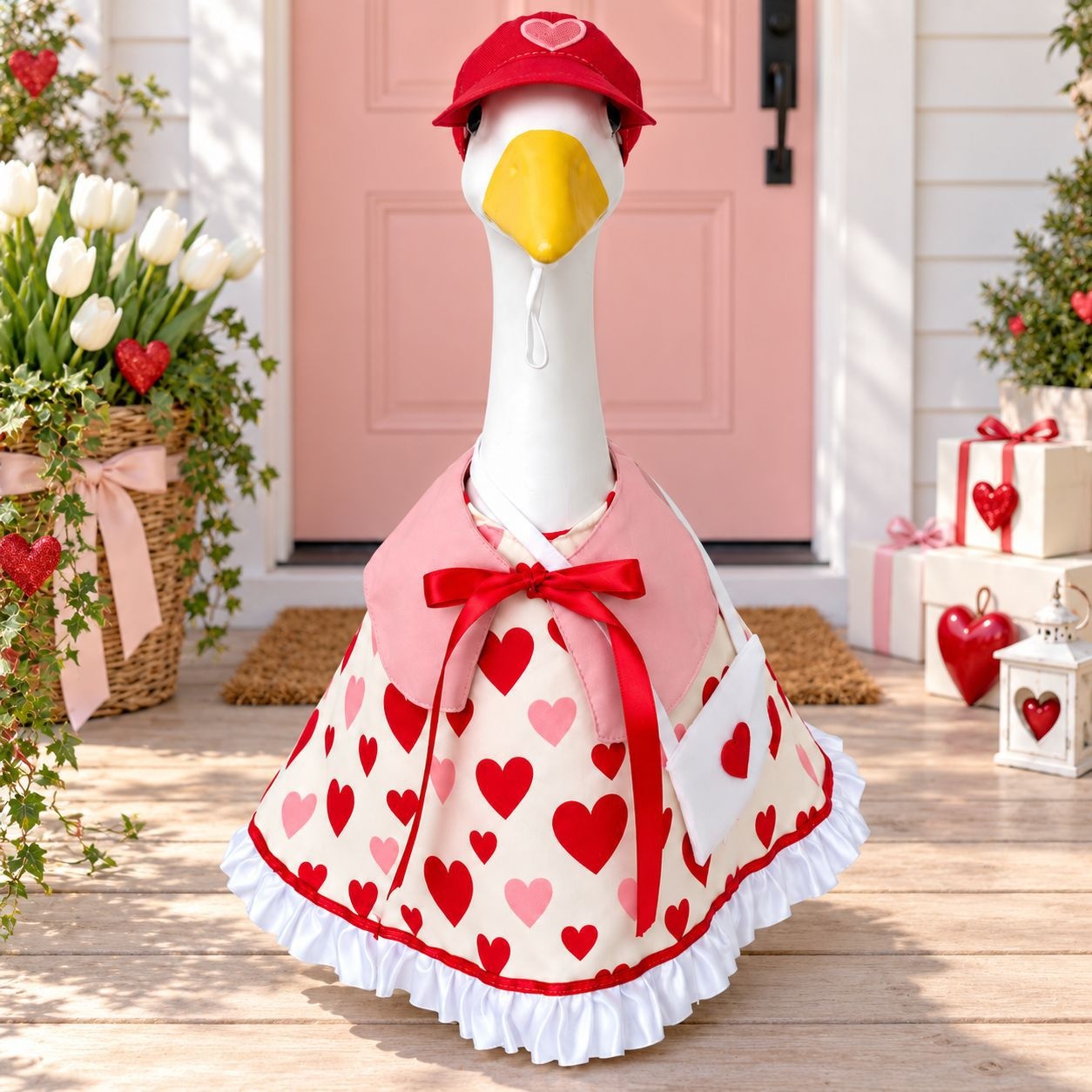 Valentine’s Day Porch Goose Costume, Shawl Dress Newsboy Hat Set for Outdoor Yard Party Decor