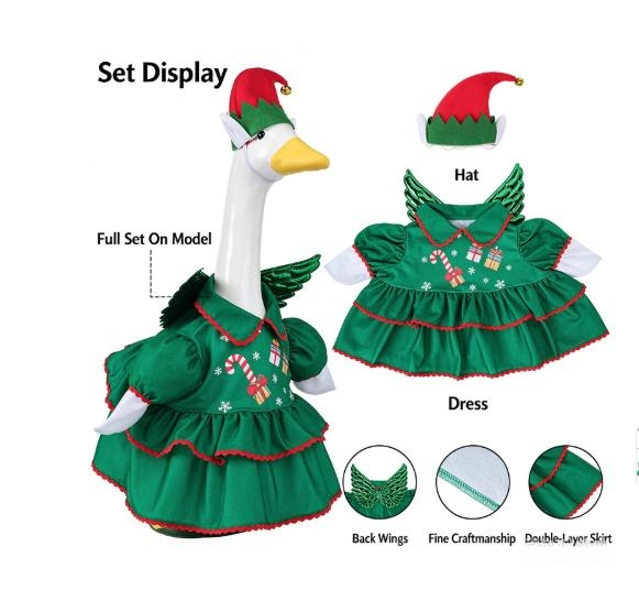 Christmas Porch Goose Outfit, Tree Elf Wing Skirt, Yard Holiday Party Decor