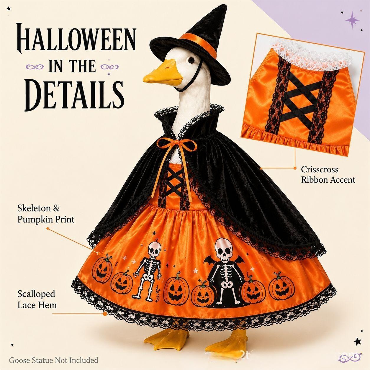 New Porch Goose Costume, Pointed Hat Skull & Pumpkin Outfit, Halloween Yard Garden Decor - Image 2
