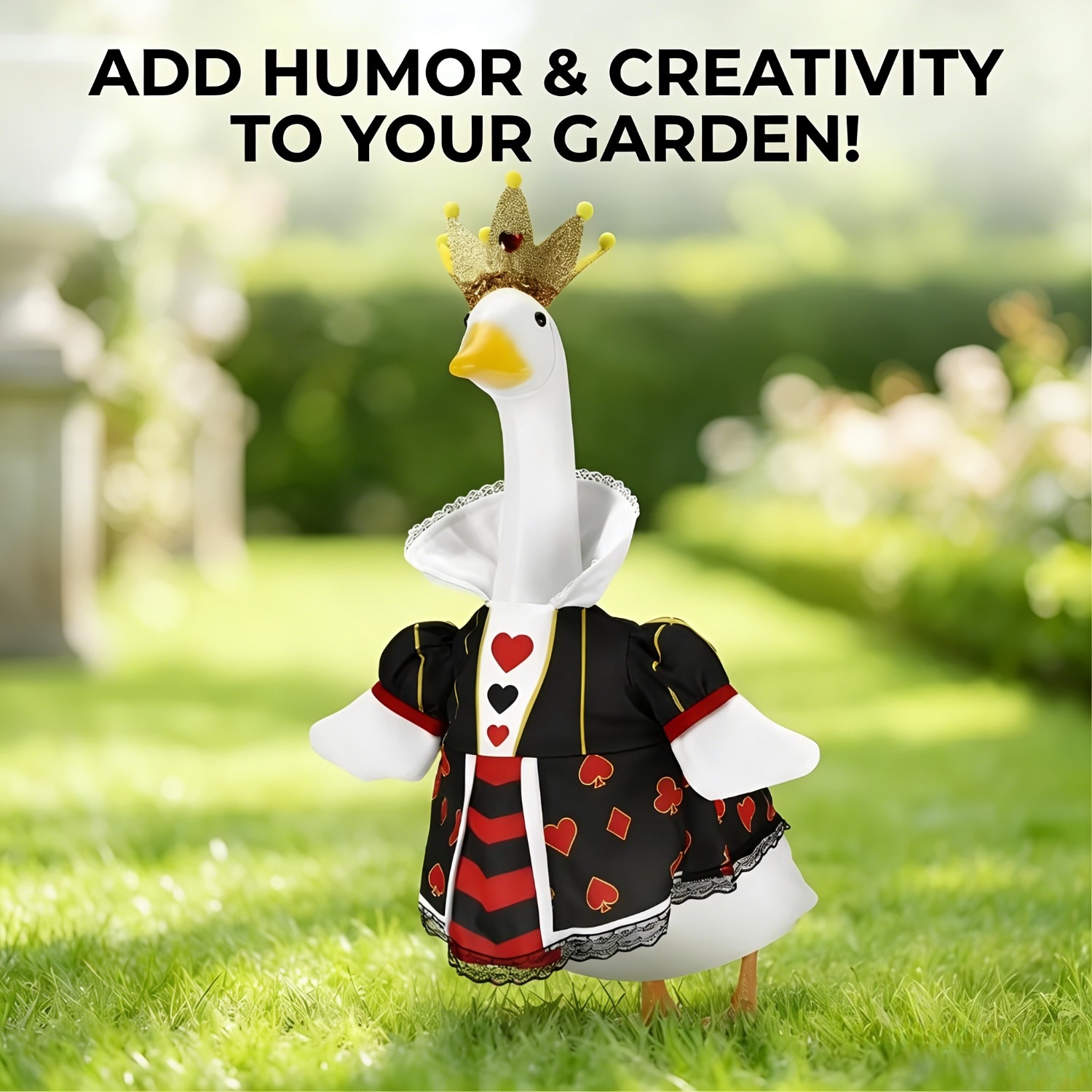 23 Inch Porch Goose Queen of Hearts Outfit, Playing Card Print Dress & Crown 2-Piece Garden Decor - Image 2