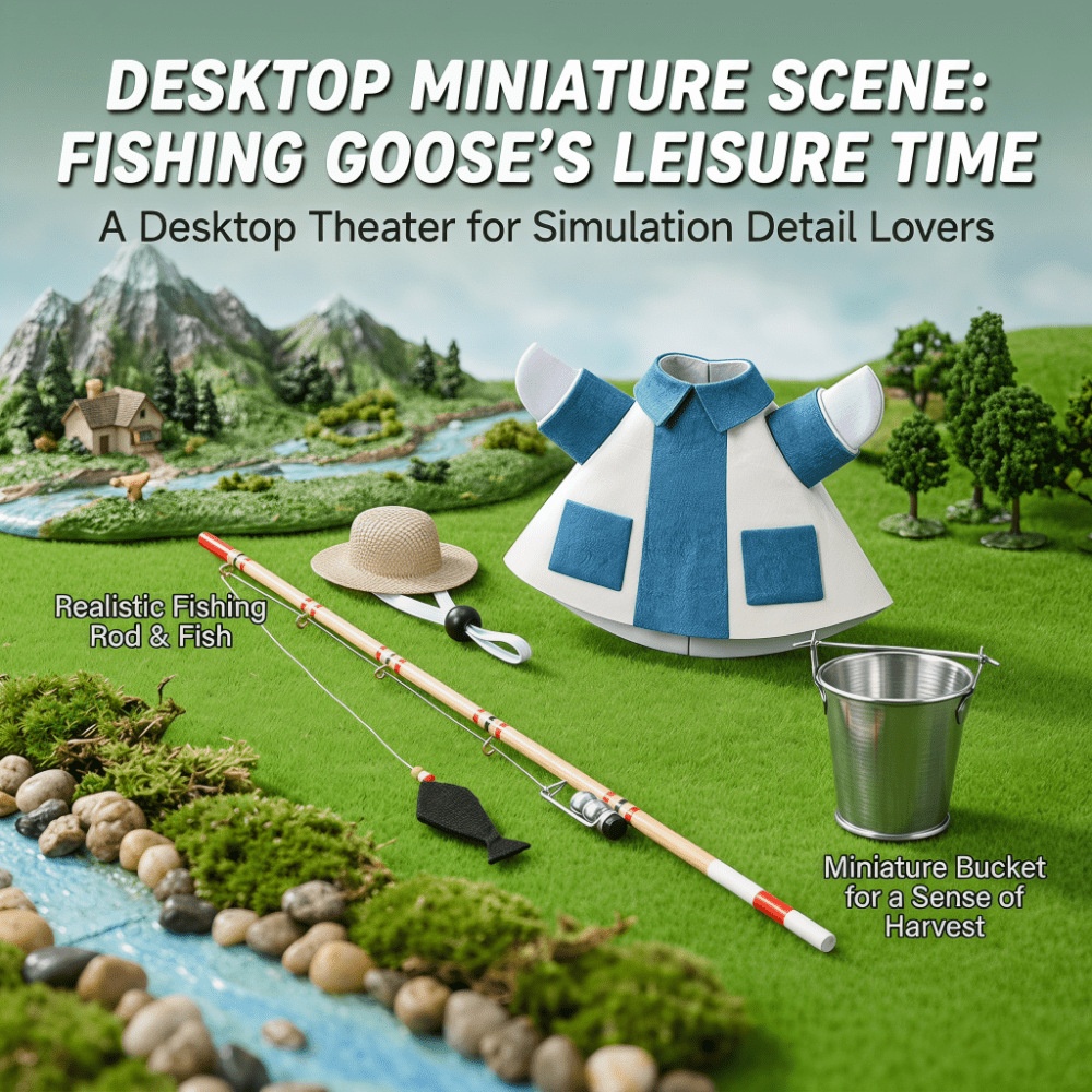 7 Inch Desktop Goose Fishing Outfit, Mini Fishing Set with Rod, Straw Hat & Bucket - Image 2
