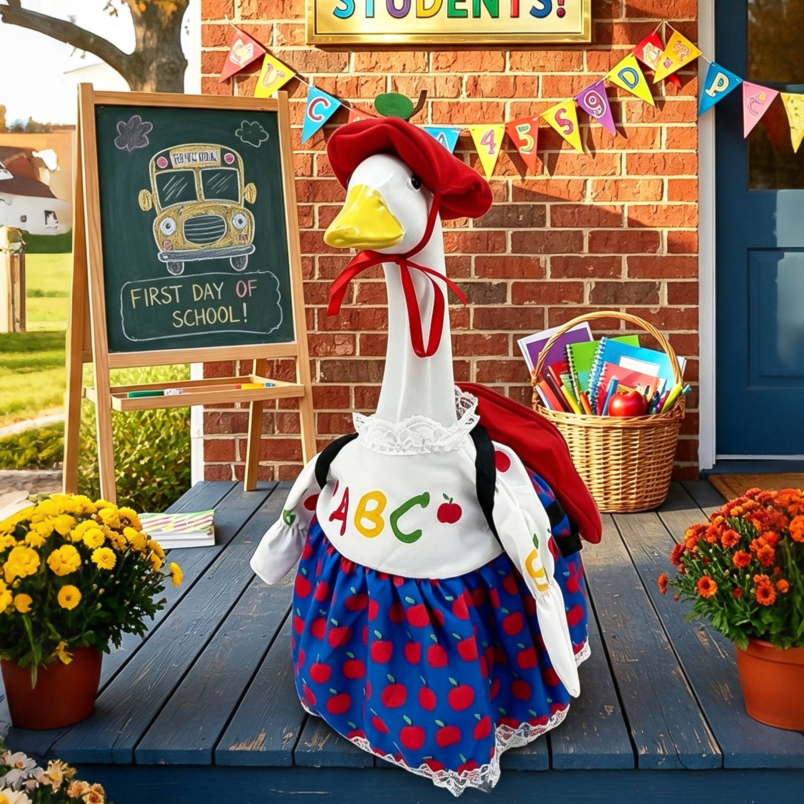New Back to School Porch Goose Costume, Apple Lace Dress Set for Classroom Goose Decor - Image 2