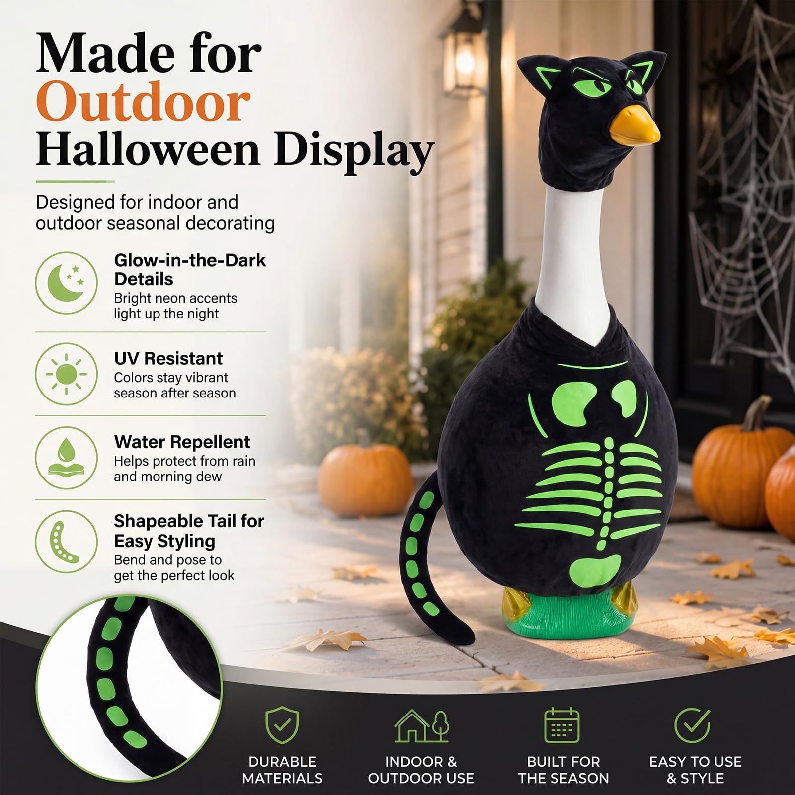 Halloween Black Cat Porch Goose Costume, Luminous 23 Inch Goose Statue Outfit for Garden Porch Decor - Image 5