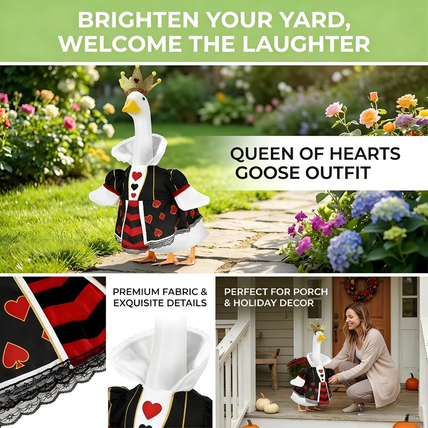 23 Inch Porch Goose Queen of Hearts Outfit, Playing Card Print Dress & Crown 2-Piece Garden Decor - Image 5