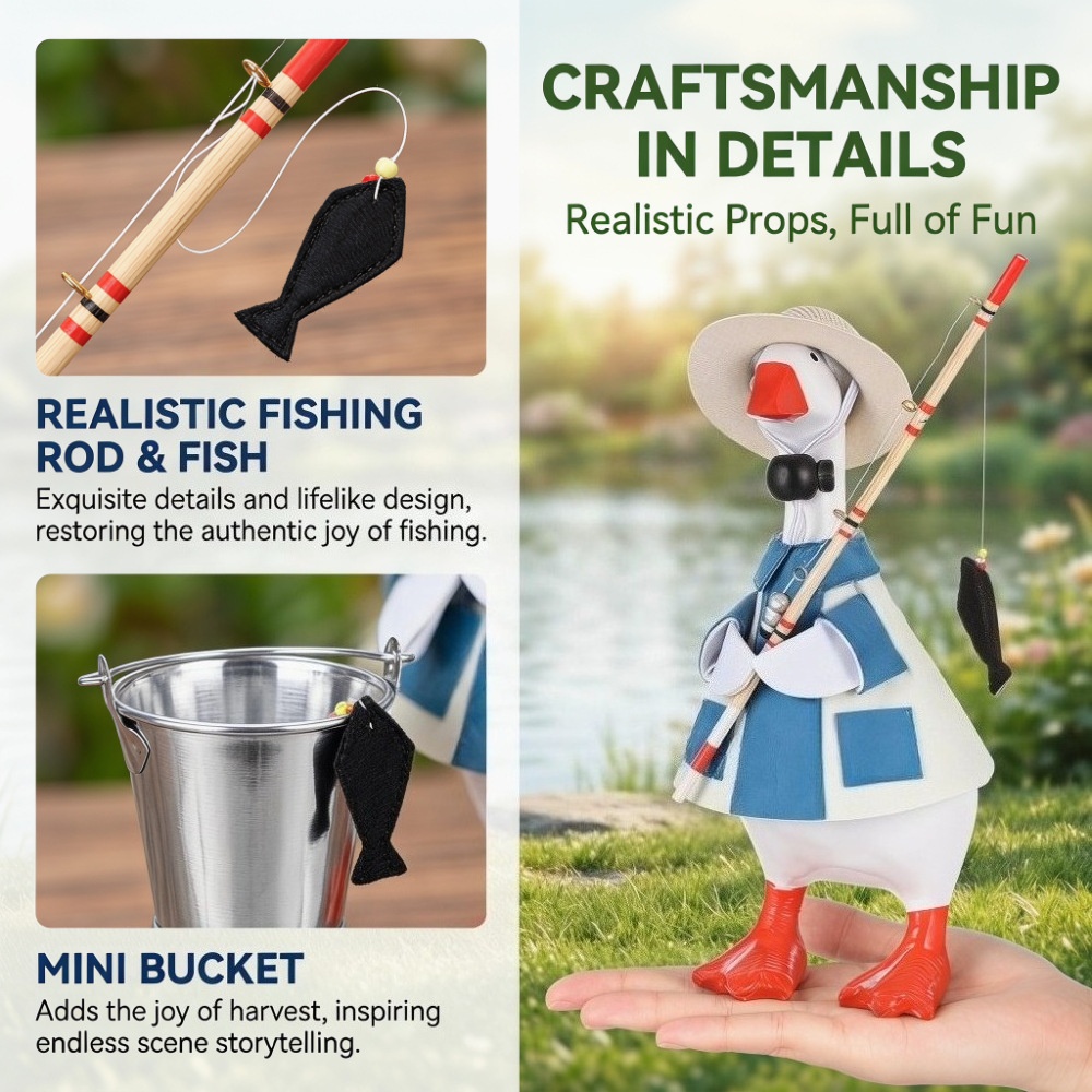 7 Inch Desktop Goose Fishing Outfit, Mini Fishing Set with Rod, Straw Hat & Bucket - Image 5