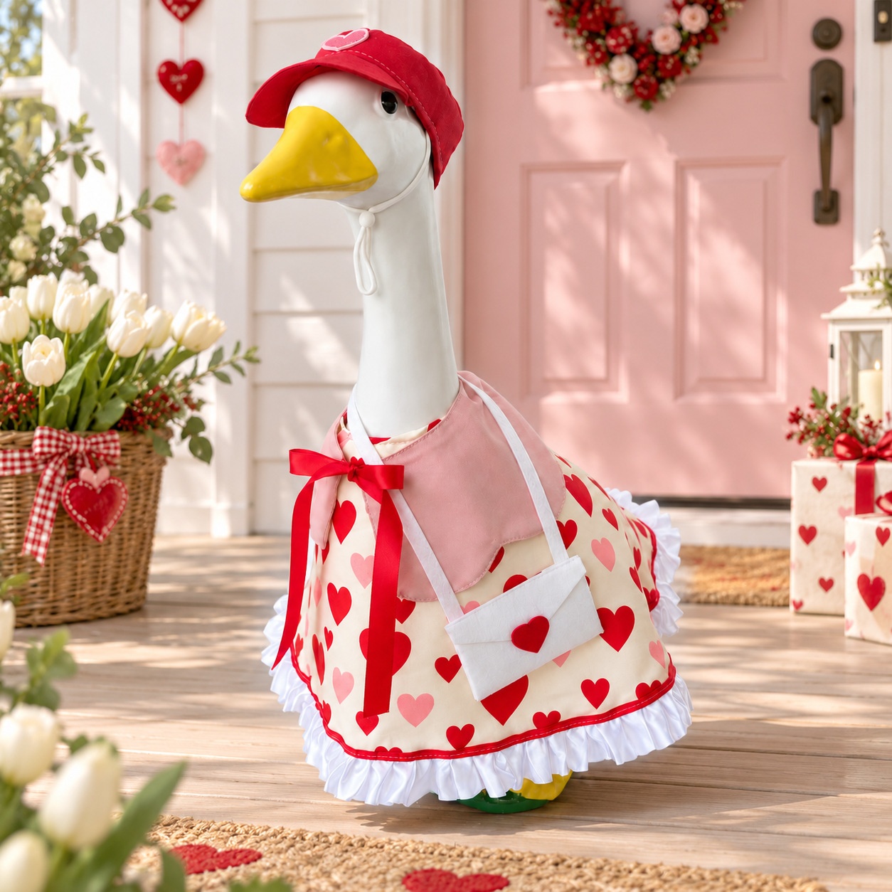 Valentine’s Day Porch Goose Costume, Shawl Dress Newsboy Hat Set for Outdoor Yard Party Decor - Image 5