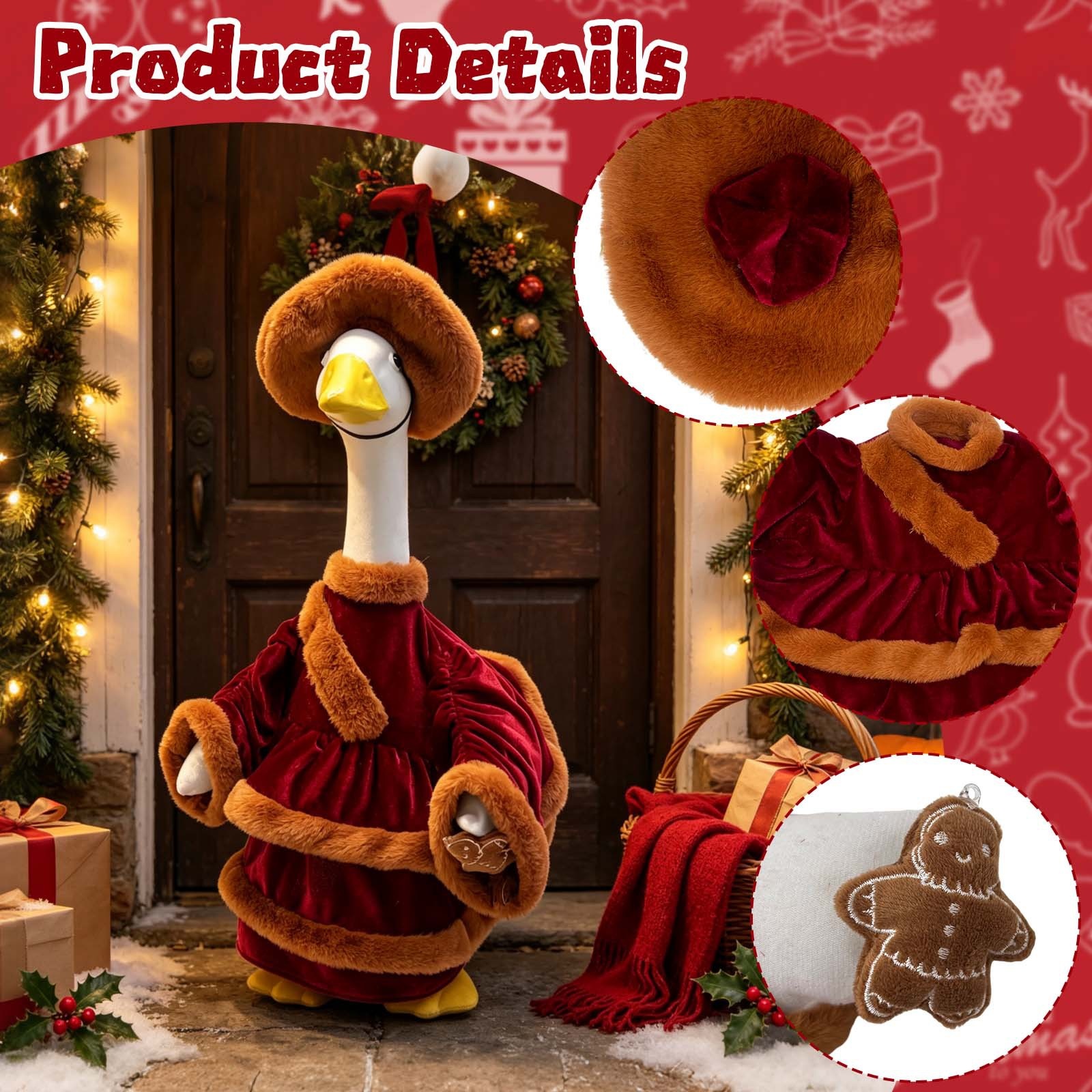 Christmas Red Velvet Porch Goose Costume Set, 23 Inch Holiday Yard Decor Outfit - Image 5