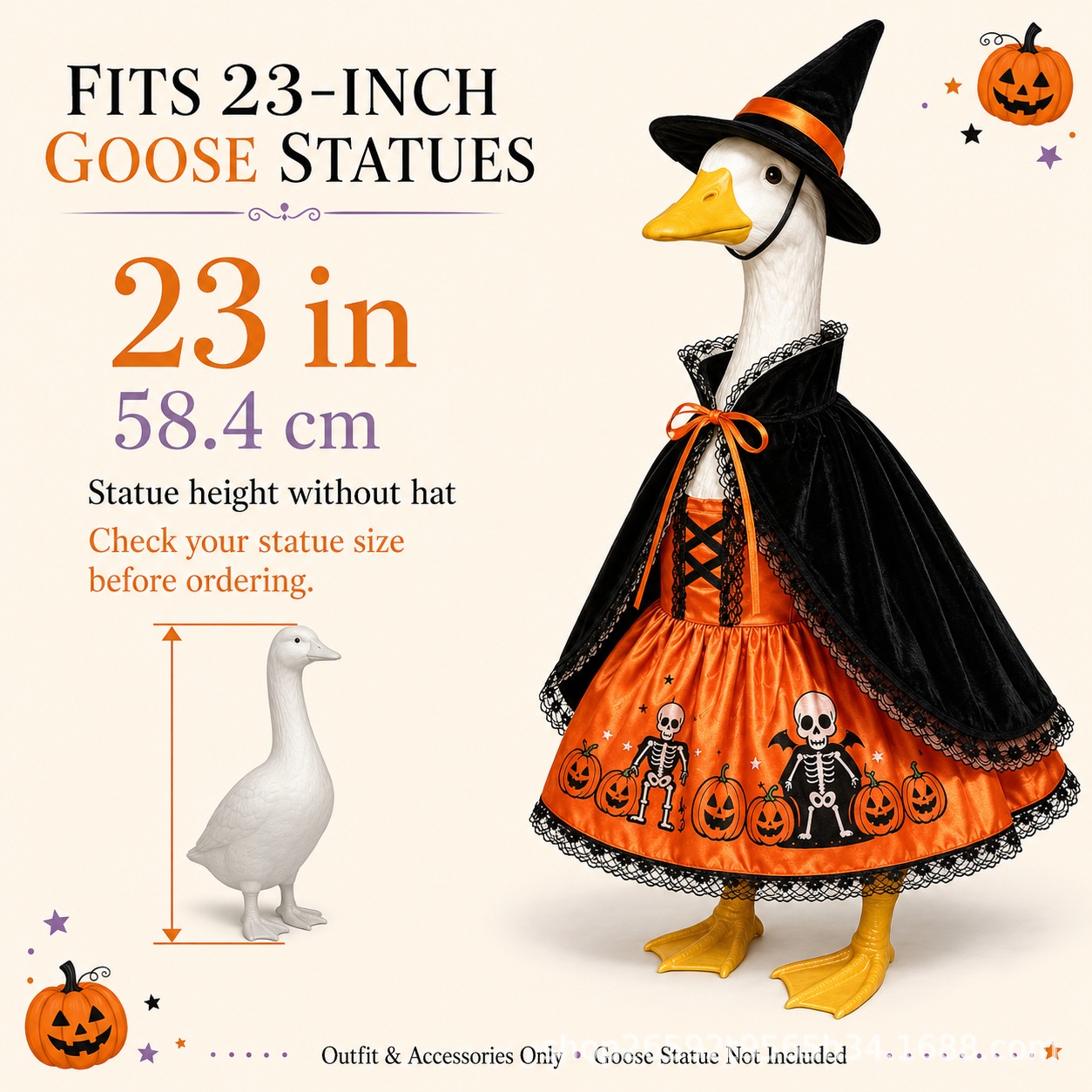 New Porch Goose Costume, Pointed Hat Skull & Pumpkin Outfit, Halloween Yard Garden Decor - Image 4