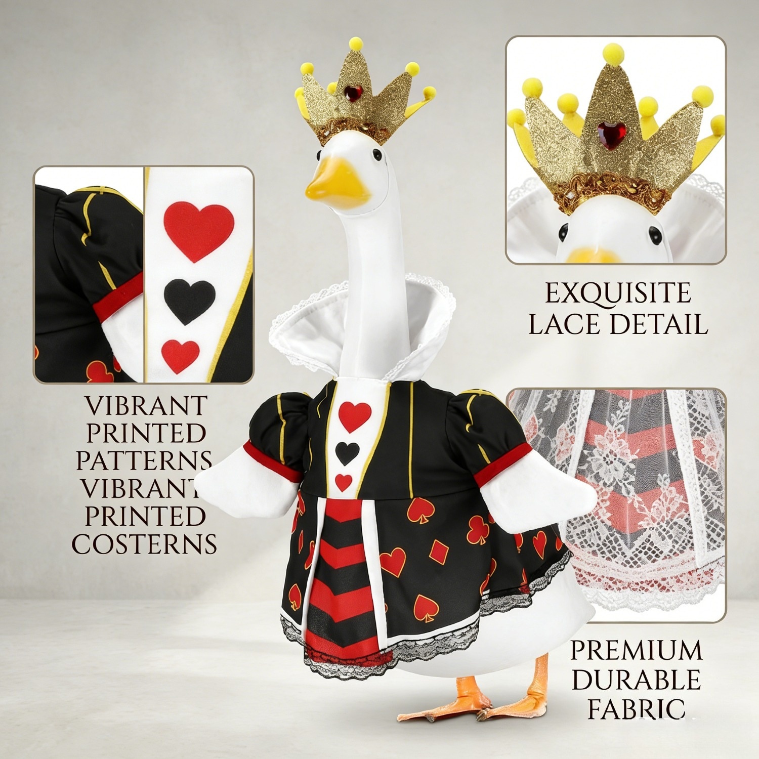 23 Inch Porch Goose Queen of Hearts Outfit, Playing Card Print Dress & Crown 2-Piece Garden Decor - Image 4