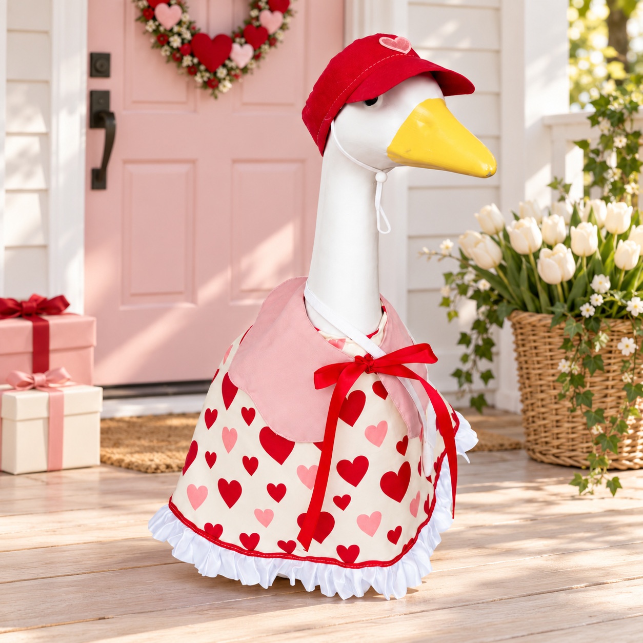 Valentine’s Day Porch Goose Costume, Shawl Dress Newsboy Hat Set for Outdoor Yard Party Decor - Image 4