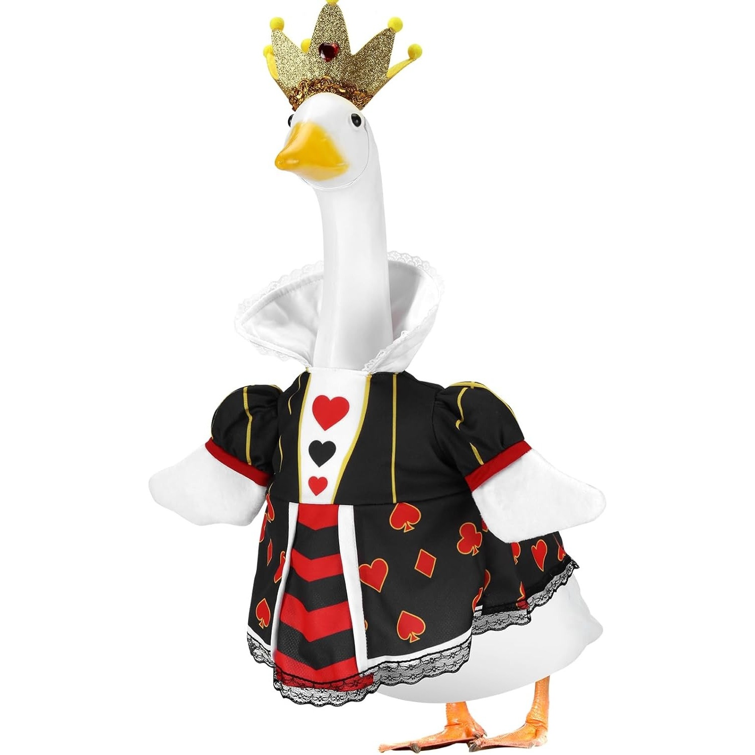 23 Inch Porch Goose Queen of Hearts Outfit, Playing Card Print Dress & Crown 2-Piece Garden Decor - Image 3