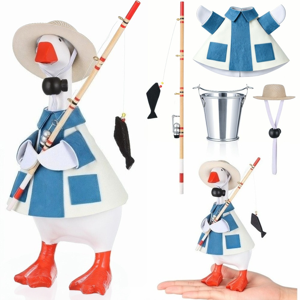 7 Inch Desktop Goose Fishing Outfit, Mini Fishing Set with Rod, Straw Hat & Bucket - Image 3